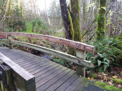 Wooden footbridge with railing – 45° board at the transition from paved trail to bridge – wood may be slippery when wet